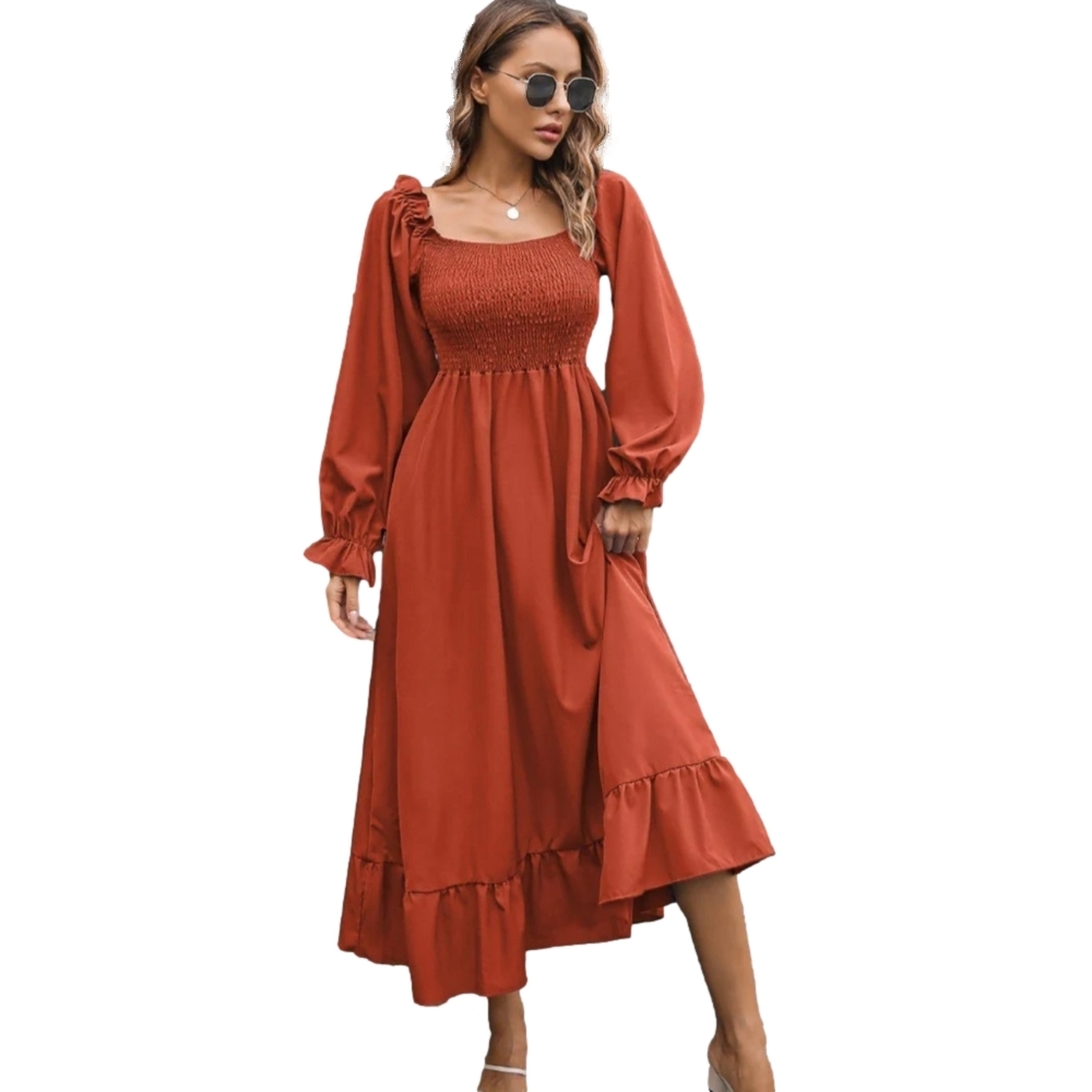 Fall Dress Square Neck Brown Terracotta Sheered Cold Weather Dresses Outfit - Picture 1 of 12